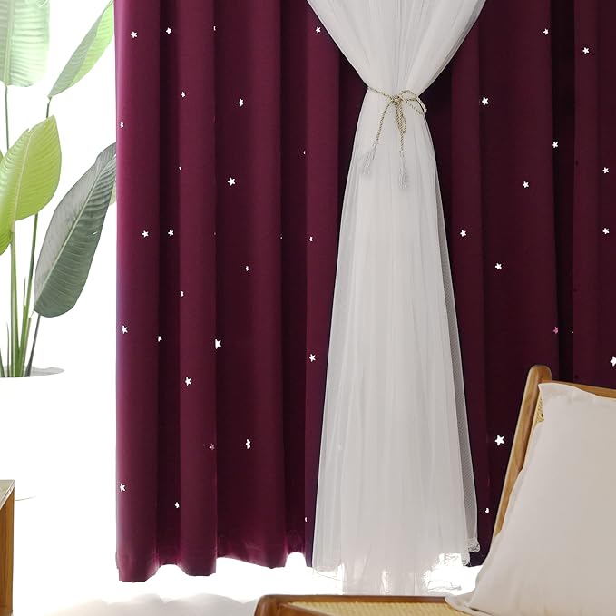 Kinryb Kids Blackout Curtains for Bedroom/Living Room/Classroom, Sheer Overlay 2 Free Tiebacks, Double Layer Curtains with Star Cutout for Kids Room(Each Piece W 70 x L 84 Inches 2 Pcs Red)