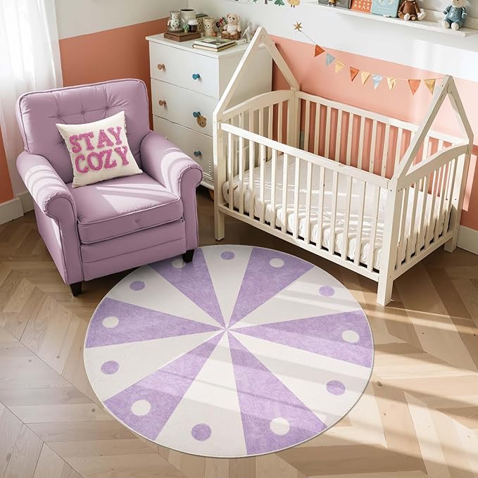 jinchan 5ft Round Rug Lilac Purple Washable Fun Cute Playroom Mat Non Slip Cheerful Circle Cool Rug Soft Cozy Low-Profile Playful Carousel Throw Carpet for Kids Gift Teens Dorm Entryway Bedroom