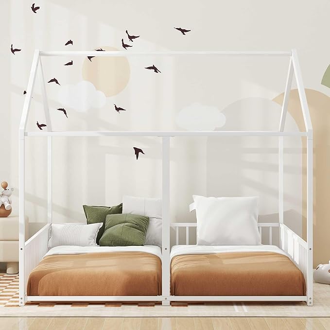 Harper & Bright Designs Metal Twin Size House Platform Bed Frame for Boys Girls Kids Adults Toddler, Two Shared Beds, White