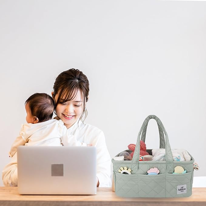 Adonia & Co Diaper Caddy Organizer – Nursery Storage Basket for Newborn Essentials & Baby Must Haves – Portable, Machine Washable Baby Diaper Bag Organizer (Green)