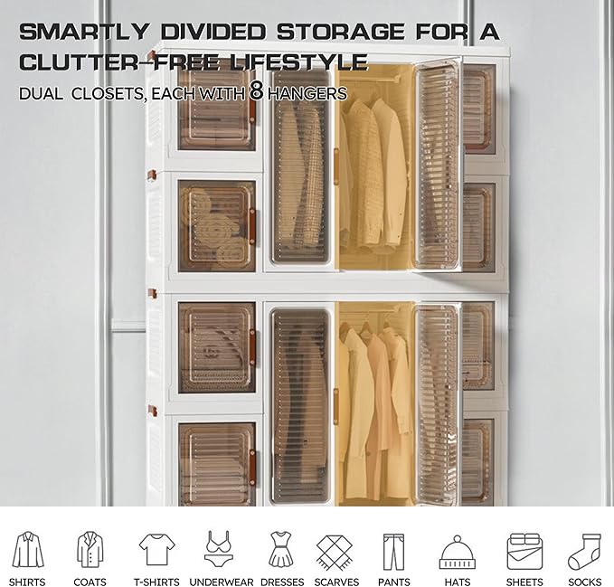 Large Portable Kids Wardrobe Closet Organizer with Magnetic Doors, Foldable Closet Organizers and Storage for Living Room, Bedroom, Dorm, Easy Assembly (8 Cubes & 2 Hanging Rods & 16 PCS Hangers)