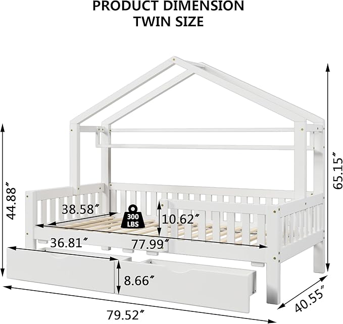 Aoowow Twin Size House Bed with Storage Drawers and Shelf,Kids Wooden Bed Frame Twin Platform Bed with Slats and Fence for Boys Girls Teens for Bedroom(White)
