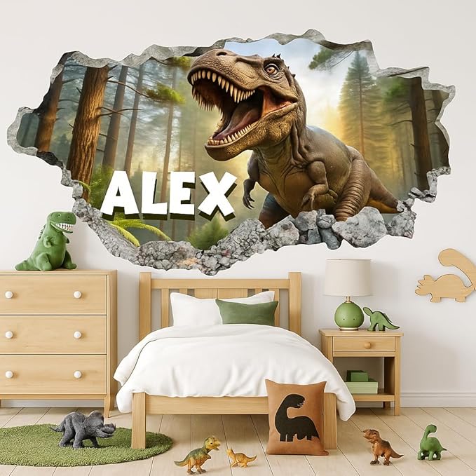Personalized Dinosaur Wall Decal for Kids – Custom Name T Rex Wall Sticker for Boys Bedroom – Dinosaur Room Decor – 3D Dino Wall Art for Playroom Nursery – Custom Kids Name Wall Graphic