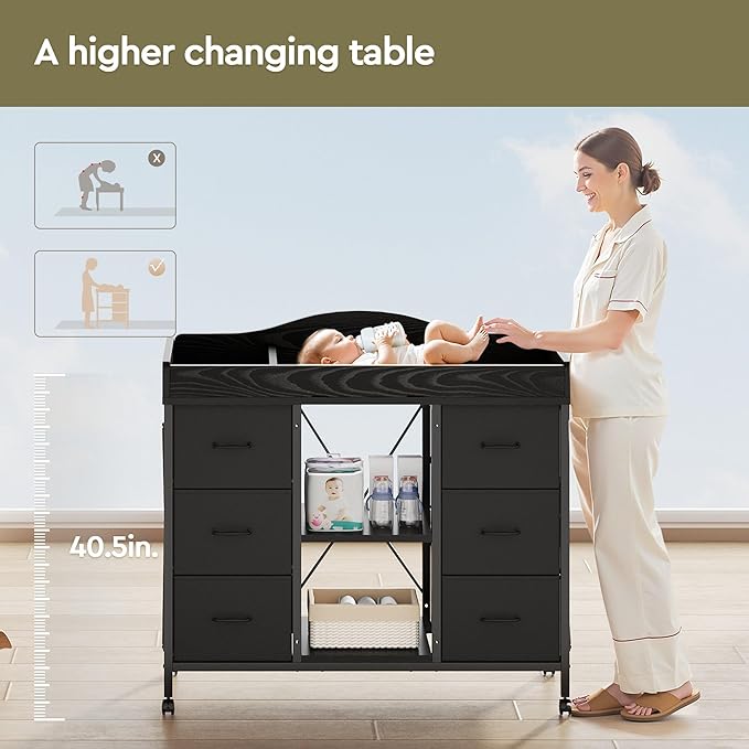 Changing Table, 6-Drawer Baby Dresser with Changing Table top,Waterproof Diaper Changing Station & Pad, 2 Height-Adjustable Open Storage Shelves, Mobile Nursery Organizer, Black