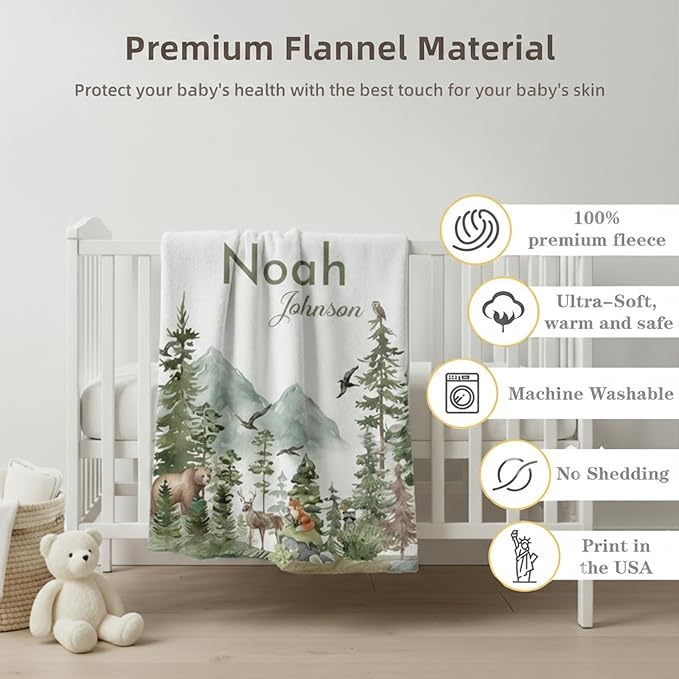 Personalized Woodland Baby Blanket with Name, Custom Name Blanket for Boy, Printed in USA, Super Soft Blankets for Newborn, Customized Gifts for Baby Shower Birthday Christmas