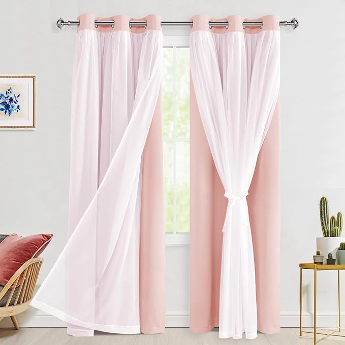 Hiasan Blackout Curtains with Sheer Overlay, Thermal Insulated Mix & Match Double Layer Room Darkening Window Curtains for Bedroom,Living Room,Nursery 2 Panels with Tiebacks (42W X 84L,Blush Pink)