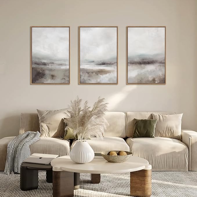HLNIUC Large Abstract Neutral 3 Piece Wall Art Framed, Gray Lake Landscape Canvas Decor(16x24), Watercolor Smoky Mountain Wall Painting, Modern Minimalist Art Prints for Living Room, Bedroom, Office