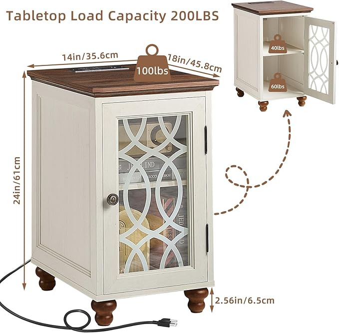 Narrow Side Table with Charging Station Set of 2, Night Stand with Glass Door,Bedside End Tables with Adjustable Shelf Storage Cabinet,Wood Nightstand for Small Spaces Living Room Bedroom