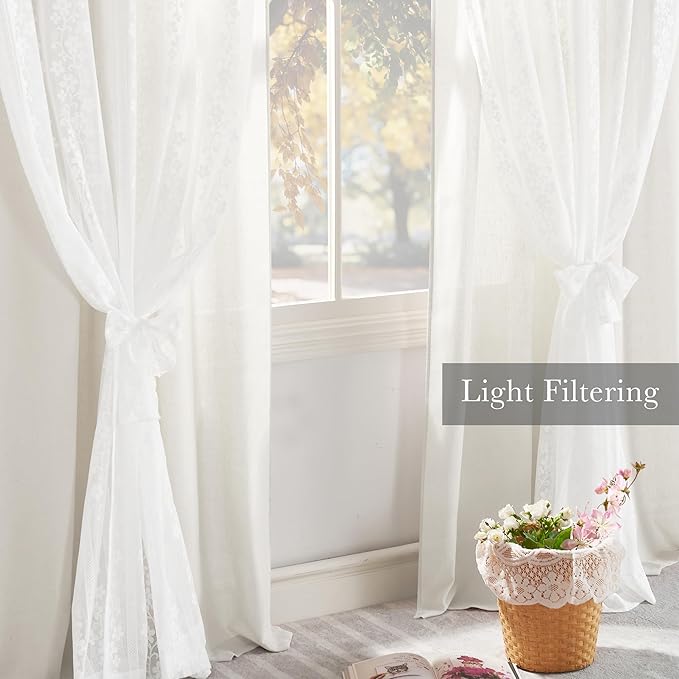 PONY DANCE Linen White Curtains for Living Room 84 Inches Long, Farmhouse Thermal Insulated Room Darkening Curtains, Double Layer Curtain for Girls' Bedroom, 52W x 84L, White, 2 Panels