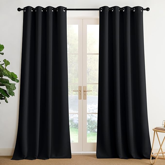 NICETOWN Black Blackout Light Blocking Thermal Grommet Curtains, 90 Inch Long Light Blinds Privacy Shades for Bedroom, Living Room, Laundry, Patio, Boys Room - Lightweight, 2 Panels, W52 x L90