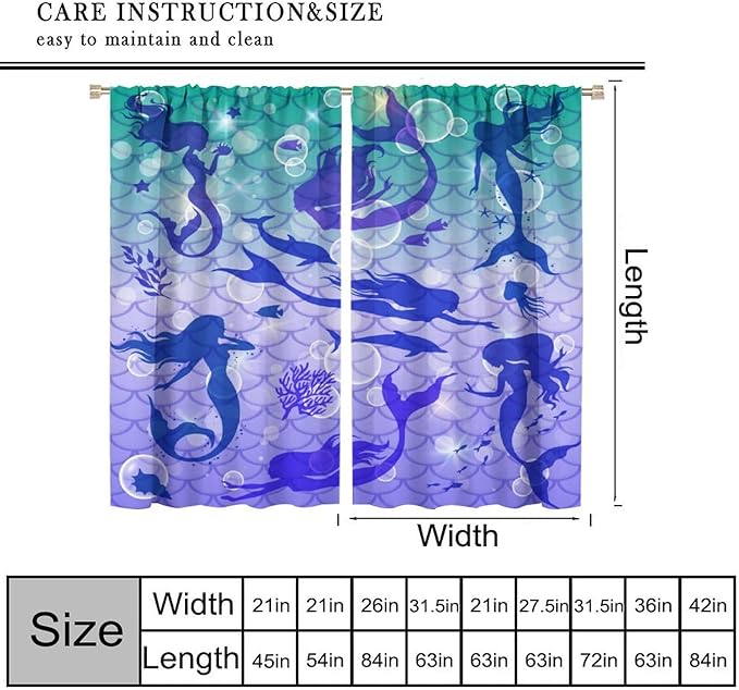 Mermaid Kids Girls Curtains Fantasy Mermaid Silhouette Ocean Theme Beautiful Blackout Window Treatment for Girls Bedroom Nursery Room Decor Rod Pocket Window Drapes 84" W X 84" L