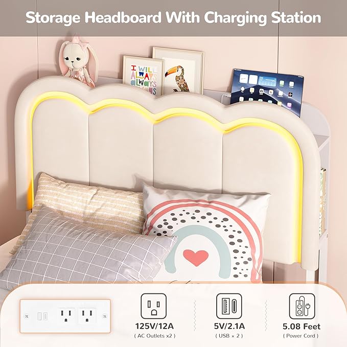 Maupvit Twin LED Bed Frame with Storage Headboard and 4 Drawers, Upholstered Platform Bed Frame with Bookcase, Velvet Princess Bed for Kids Girls, Charging Station, No Box Spring Needed, White