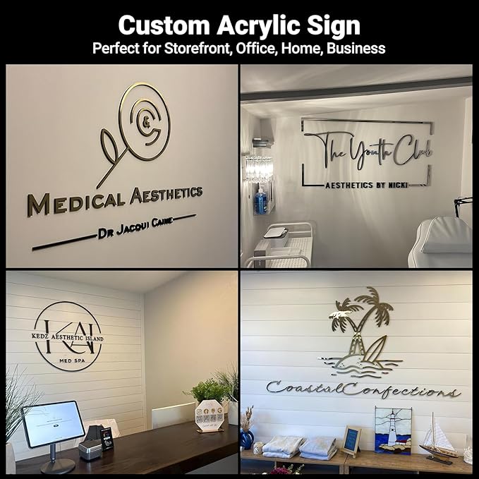 Custom Business Logo Sign, Handmade Professional 3D Laser Cut Acrylic Stainless Steel Letter Personalized for Wall, Salon Office Company Retail Studio Cafe Man Cave Bar Club Wedding Business Home