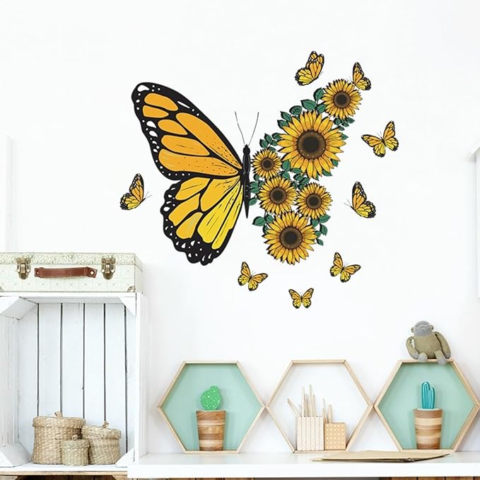 Large Butterfly Wall Decals, Sunflower Wall Stickers Yellow Butterfly Flower Wall Decal Murals Peel and Stick Wallpaper Art Decal for Nursery Bedroom Living Room Classroom