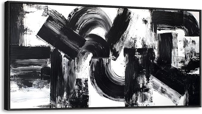 Framed Large Abstract Canvas Wall Art for Living Room, Neutral Black White Modern Art Prints, Minimalist Black Geometric Curves & Blocks Pictures Painting Artwork for Bedroom Office Wall Decor 20"x40"