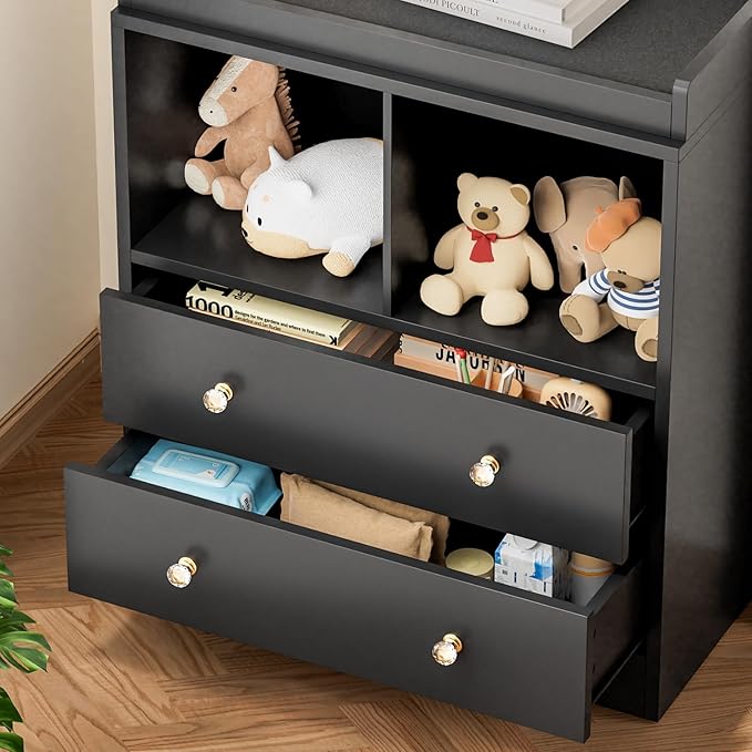 Modern 2-Drawer Nursery Changing Table with Media Shelves, Black Baby Dresser with Crystal Knobs, Multi-Purpose Diaper Station Storage Organizer for Infant Room, Anti-Tip Safety Design