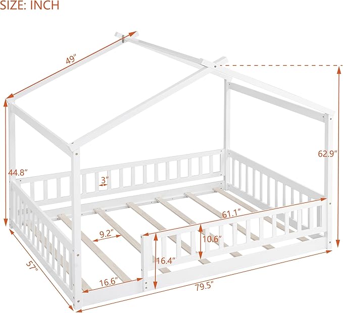 Merax Full Size Wooden House Bed with Fence, Wood Bed Frame with Roof and Safety Guardrail for Kids, Teens, Boys or Girls, 57" L x 62.9" W x 79.5" H, White
