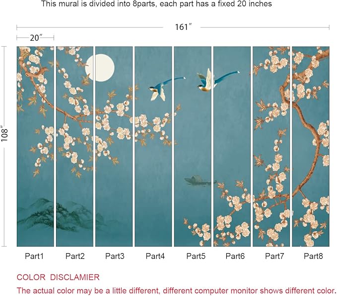 Spring Flowers Bird Wallpaper Chinoiserie Tree Wall Mural Blue Background Wall Decals (Not Peel n' Stick)