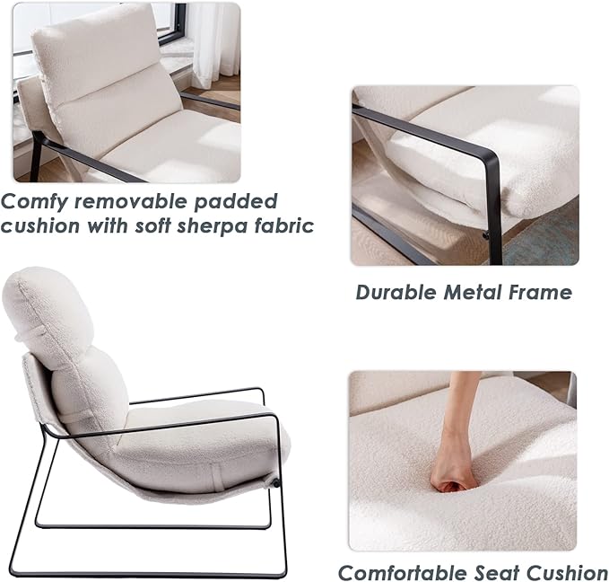 DUOMAY Mid-Century Modern Accent Chair, Comfy Sherpa Sofa Lounge Chair Reading Corner Chair for Living Room Bedroom Office, Mid-Back Arm Chair with Black Metal Leg, White