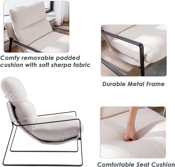 DUOMAY Modern White Sherpa Accent Chair, Comfy Lounge Lazy Chair with Metal Leg, Mid-Century Corner Arm Chair for Living Room Bedroom Office Apartment
