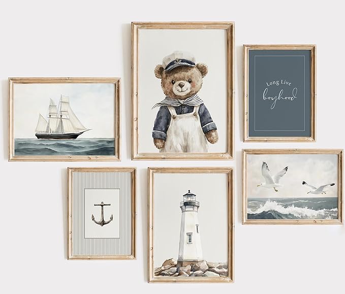 BMFLFWXE Vintage Nautical Nursery Wall Art Boy Coastal Canvas Posters Teddy Bear Sailor Pictures Navy Blue Ocean Sailboat and Lighthouse Painting Print Artwork for Kids Boy Room Playroom, Unframed