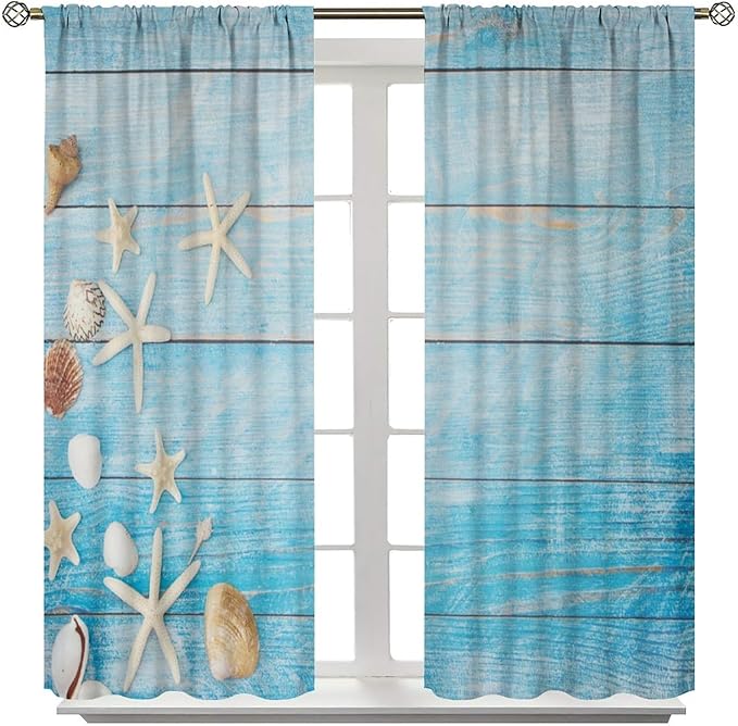 Beach Shell Curtains Shell Starfish Modern Style White Print Curtains for Living Room Bedroom Boys Girls Bedroom Decorative Privacy Curtains 55x63 Inch