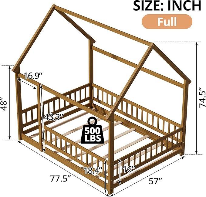 LLS Full Size Montessori Floor Bed Frame with Slats and Fence, Wooden House Bed for Boys Girls Bedroom, Light Espresso