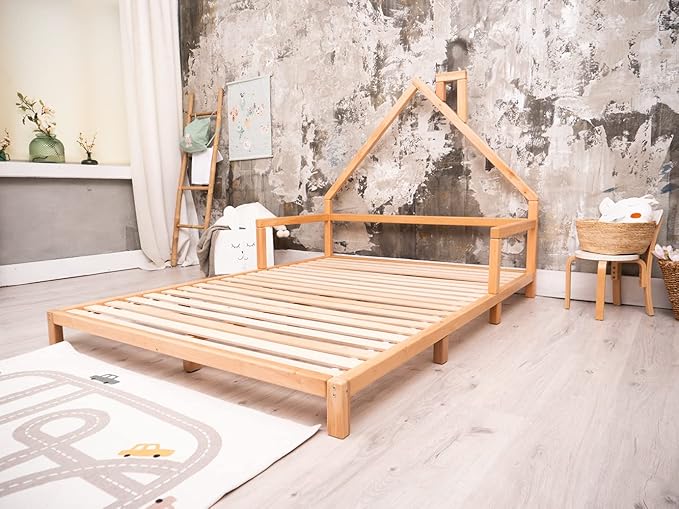 BUSY WOOD Montessori Bed for Toddlers - Twin Bed for Toddlers - Full Bed Floor - Bed with Rails - Montessori Bed - House Bed Frame - Montessori Full Size Bed Frame - Toddler Bed Queen (Model 3)
