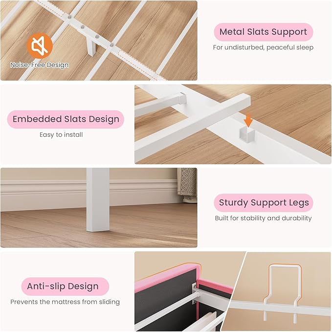 DICTAC Full Size Bed Frame for Girls with 4 Storage Drawers, Bookcase Headboard, LED Lights and Power Outlets, Diamond Tufted Velvet Upholstered Princess Platform Bed, Heavy-Duty Metal Support, Pink