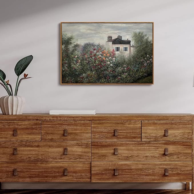 OIQArtOIQ Vintage Landscape Canvas Wall Art Framed Natural Scenery Painting Artwork Prints France Country Wilderness Farmhouse Decor Pictures Kitchen Bedroom Living Room Bathroom