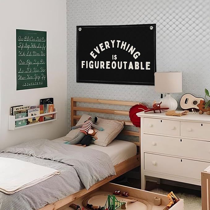 Everything is Figureoutable Inspirational Wall Decor, Motivational Classroom Wall Decor, Classroom Linen Canvas Banner Hanging Flag, 20x30 Inch - Black