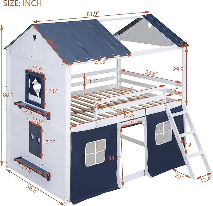 Full Size House Bunk Bed with Elegant Windows and Sills, Solid Wood Tent Bed Frame with Guardrails for Kids Teens Boys Girls, Versatile Spacious Under Bed Space with Curtains (White+Blue C)