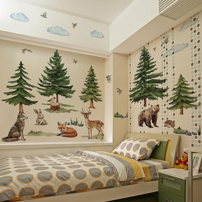 Mountain Tree Wall Stickers for Kids Bedroom, Large Pine Tree Wall Art with Deer, Bear, Rabbit, Fox, Wolf & Hedgehog, Wall Decals Peel and Stick Decal for Nursery Kids Room Décor