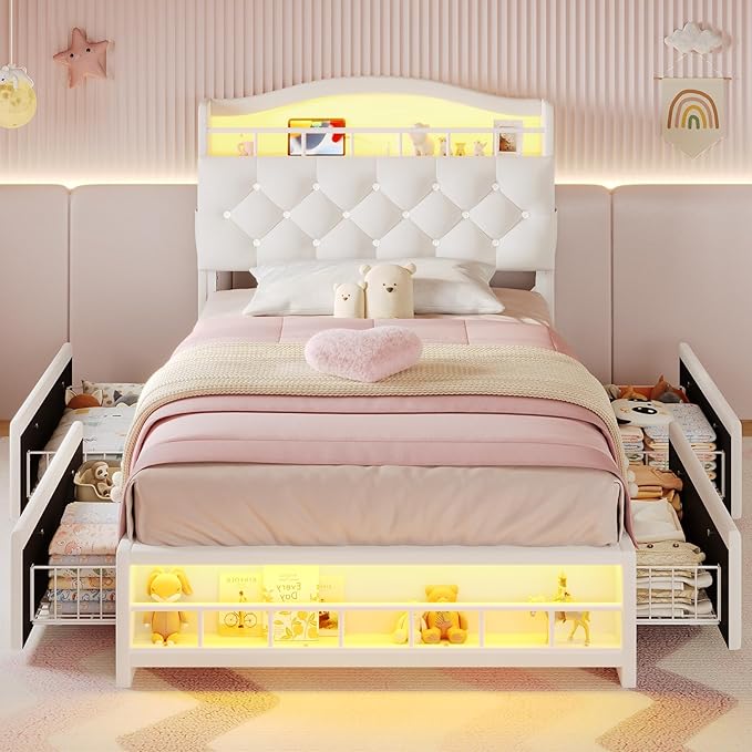 BTHFST Twin Bed Frame with Storage Headboard & 4 Drawers, Girl Upholstered Storage Bed with LED Lights & Charging Station, No Box Spring Needed, Easy Assembly, Beige