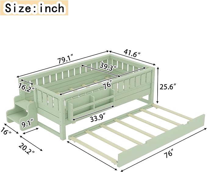 Bellemave Twin Bed with Trundle Twin and Stairs, Twin Size Platform Bed Frame with Fence and Bookshelf, Easy Assemble Beds for Kids, Girls, Boys, Green