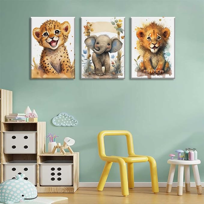 HKMXCD 3Pcs Baby Safari Animal Canvas Wall Art Jungle Watercolor Animal Wall Decor Picture Lovely Painting Artwork Kids Room Prints for Boy Girl Room Home decoration 12x16in