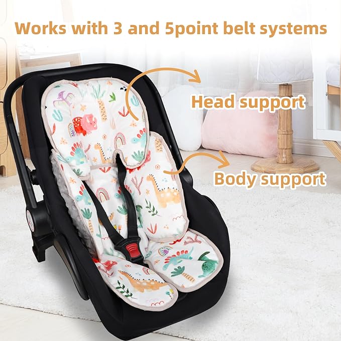 Infant Car Seat Insert, 2-in-1 Baby Car Seat Head Support for Newborn Girls Boys, Soft Baby Neck Support and Body Cushion for Car Seat, Stroller, Bouncer (Dinosaur)