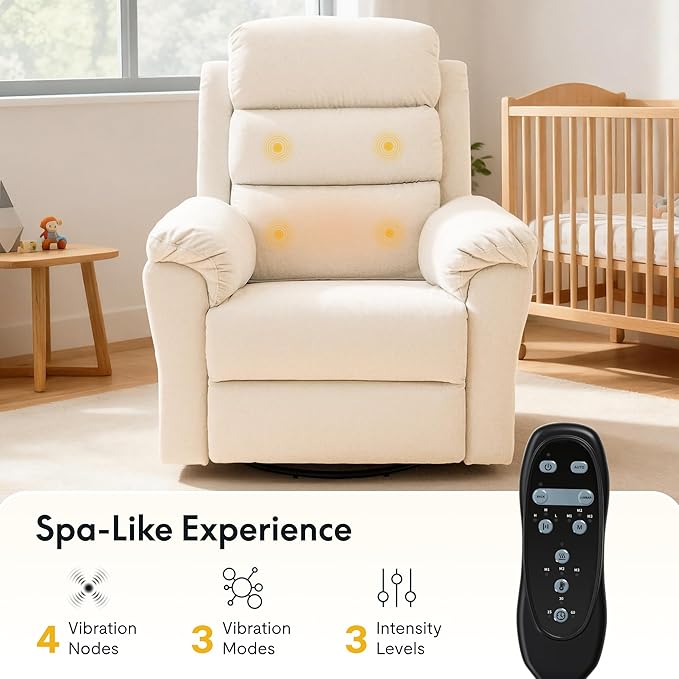 FLEXISPOT XRC6 Nursery Swivel Rocker Recliner with Massage & Heat, Rocking Glider Chair w/ 28" High Back, Comfy Upholstered Armchair for Living Room Nursery, FSC Certified(Premium Chenille, Cream)