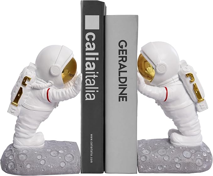 Decorative Space Theme Bookends - Astronaut Resin Bookends with Anti-Slip Base - Sturdy, Fun & Unique Book Holders for Heavy Books (Gold)