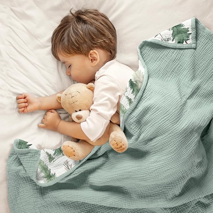 lulumoon Muslin Baby Blanket Neutral: Lightweight Cotton for Toddler - Ideal for Christmas & Registry Gift 47" x47(Pine Forest)