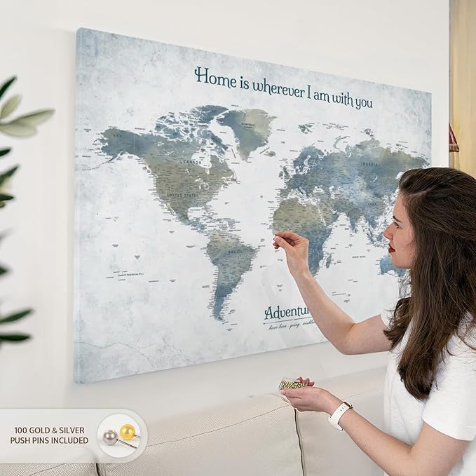 ElephantStock - Home With You II Push Pin World Map Wall Art - Horizontal Canvas Wall Art - Living Room Wall Decor - Digital Art Map Canvas Art - Blue And Gray Decor - 48" x 32"