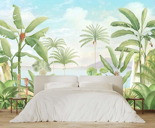 Green Banana Leaf Wallpaper Tropical Botanical Monstera Leaves Sea Mountain Cloud Wall Mural for Bedroom Livingroom (Not Self-Adhesive)