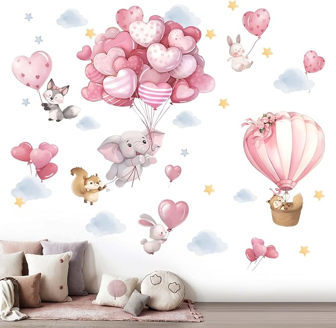 Animals Balloon Wall Stickers for Nursery: Baby Girls Kids Boys Bedroom Wall Decals - Pink Hot Air Balloon Elephant Fox