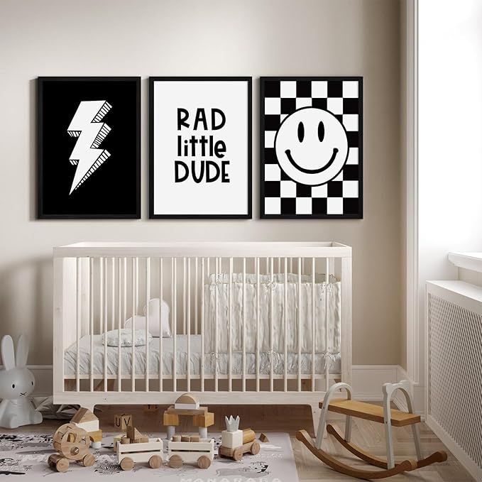 Boys Room Wall Art Decor Toddler Nursery Canvas Wall Art Baby Kids Wall Decor Black Checkered Smiley Poster Pictures Retro Playroom Rad Little Dud Art Prints for Bedroom 16x24x3 Inch Wood Framed