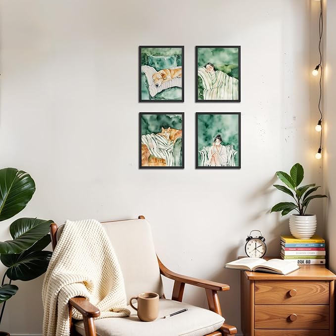 OFJE Golden Retrieve Cat Female Emerald Green Wall Art Decor Prints Set of 4, Watercolor Pet Aesthetic Wall Art Posters Decor for Girls Bedroom Home Living Room, 8x10 Unframed