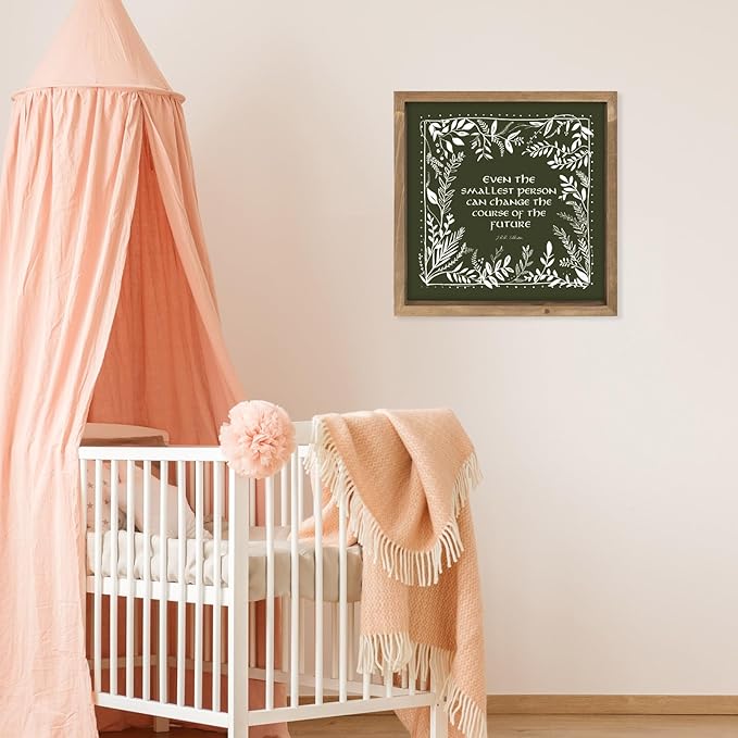 pechpell 11.8 Inch Nursery Wall Decor, Wooden Framed Green Baby Girl Nursery Wall Art with Wreath Sign, Boho Vintage Woodland Nature Themed Kids Room Playroom Table Shelf Decorations for Home