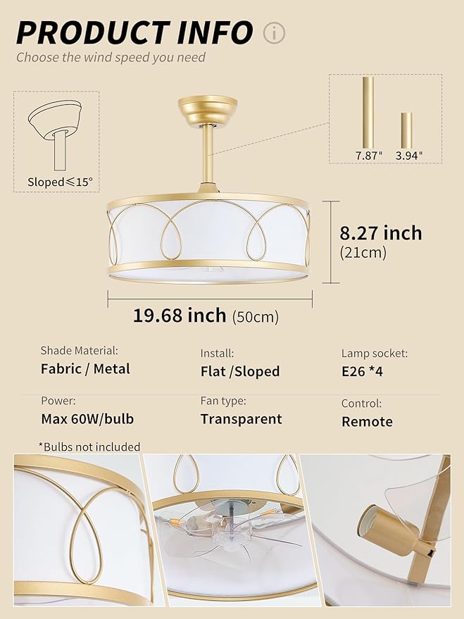 20" Gold Fandelier Ceiling Fan with Light, Fabric Boho Chandelier Ceiling Fans with Lights Remote Control, Mid-Century Modern Caged with 6 Speeds for Bedroom, Nursery (FS-BG01)