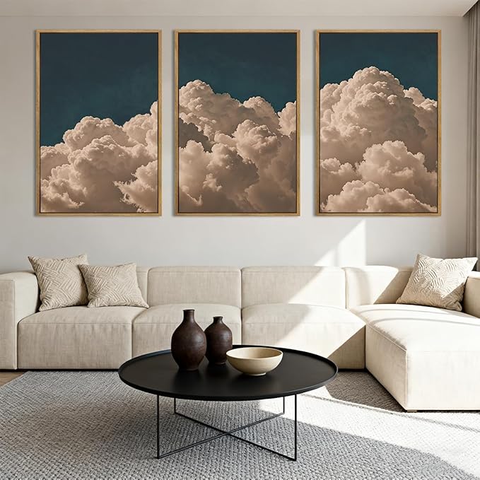 IARTTOP Large Cloud Canvas Wall Art Framed 16x24 Inch Navy Blue Cloud Painting Set of 3 Modern Abstract Sky Landscape Wall Decor For Living Room Bedroom Office