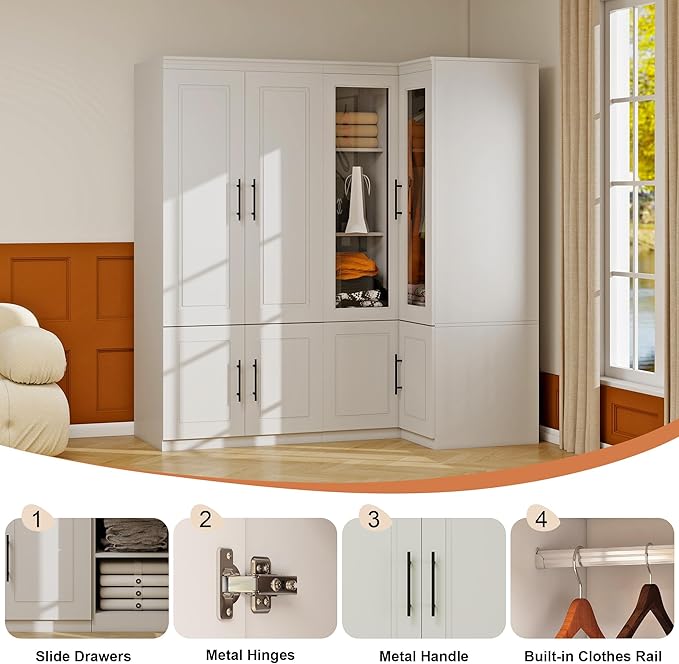 Armoire Wardrobe Closet with 4 Door: Wood Wardrobe Closet Transparent Door Wooden Combination Cabinet Bedroom Armoire with Hanging Rods for Home/Bedroom/Living Room