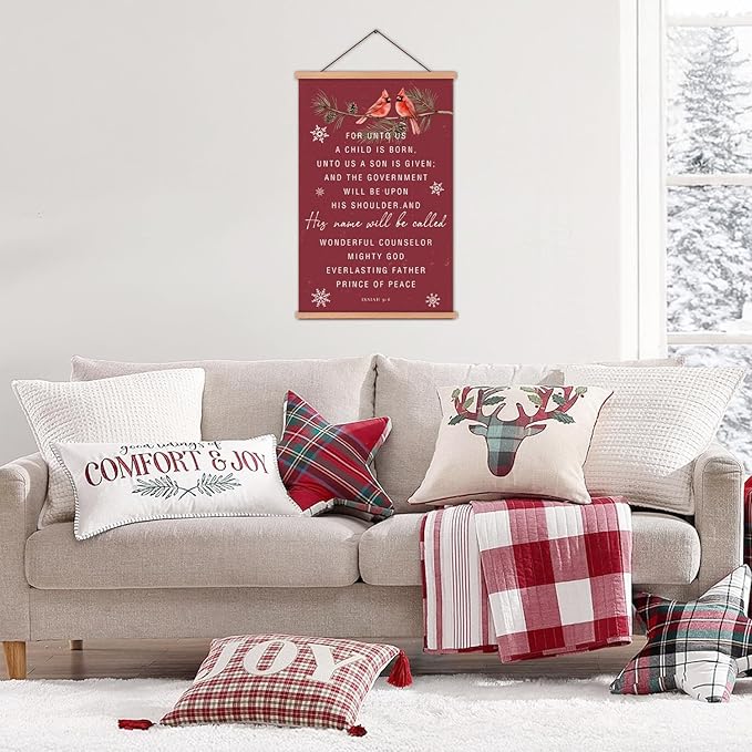 KAIRNE Christmas Canvas Wall Art,Christian Poster With Wooden Hanger(13.8”X22”),Bible Verse Wall Decor,Snow Red Bird Picture,Christmas Gift for Friends Family Living Room Bedroom Farmhouse Decor